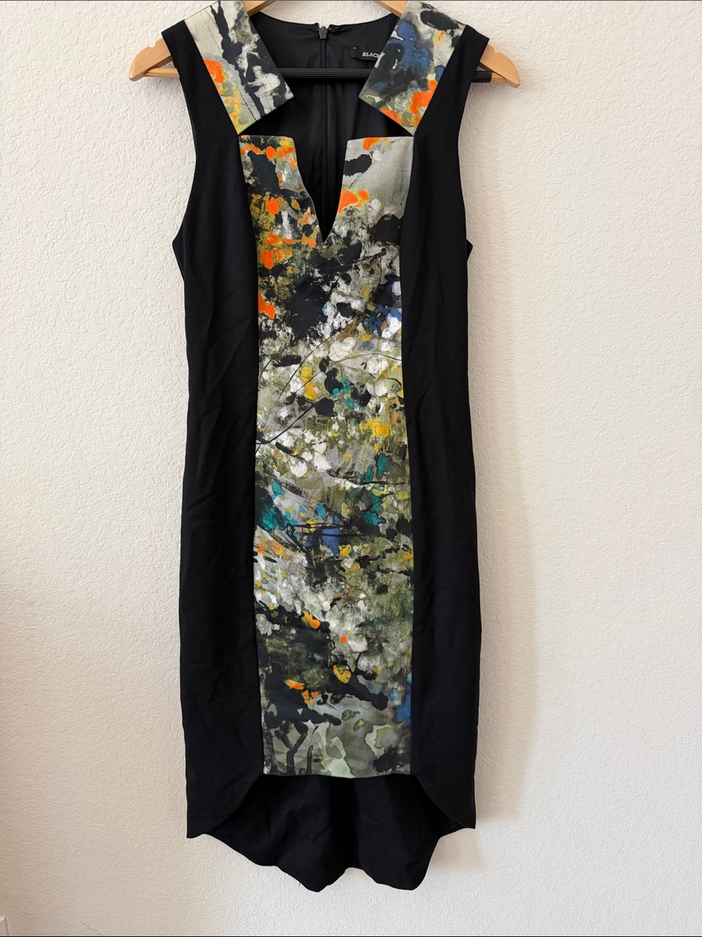 Black Halo Painted Floral Colorblock Sheath Dress High-Low Hem 4